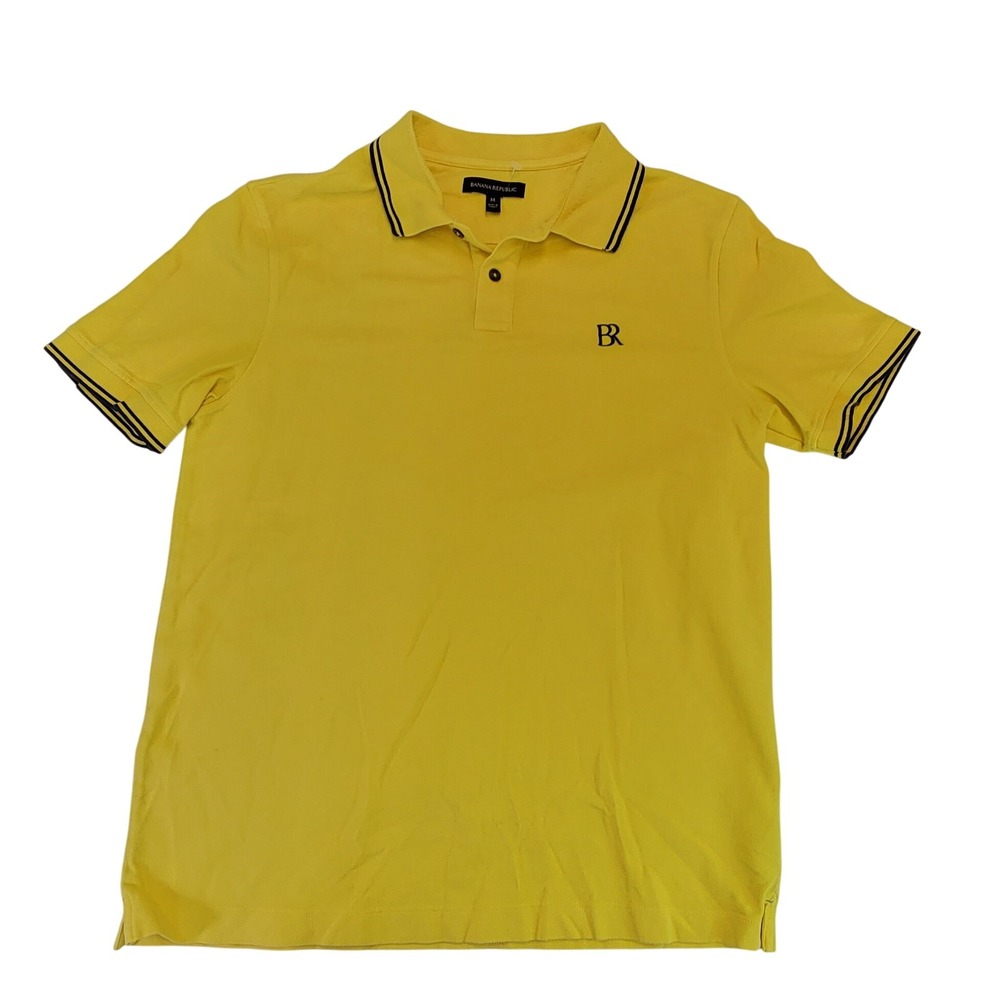 Banana Republic Mens Polo Shirt Yellow BR Logo Striped Trim Casual Medium